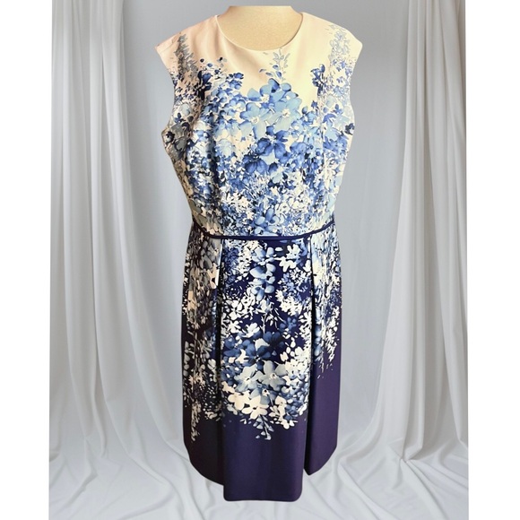 NWOT-Sandra Darren A-line Dress–Size 16 Midi-White & Blue - Picture 1 of 7